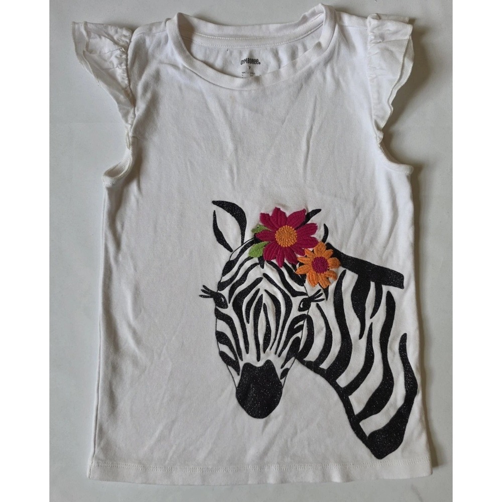 Gymboree white T-shirt for girls, featuring a zebra and colorful flowers—Size:7